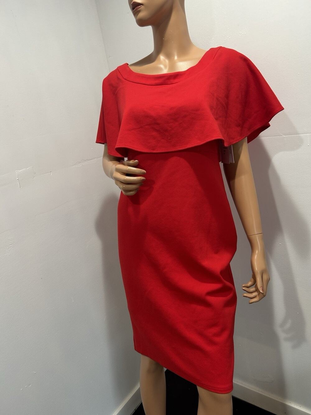 red dress size medium flattering Ruffle Neck Line Stretch Knit Fabric